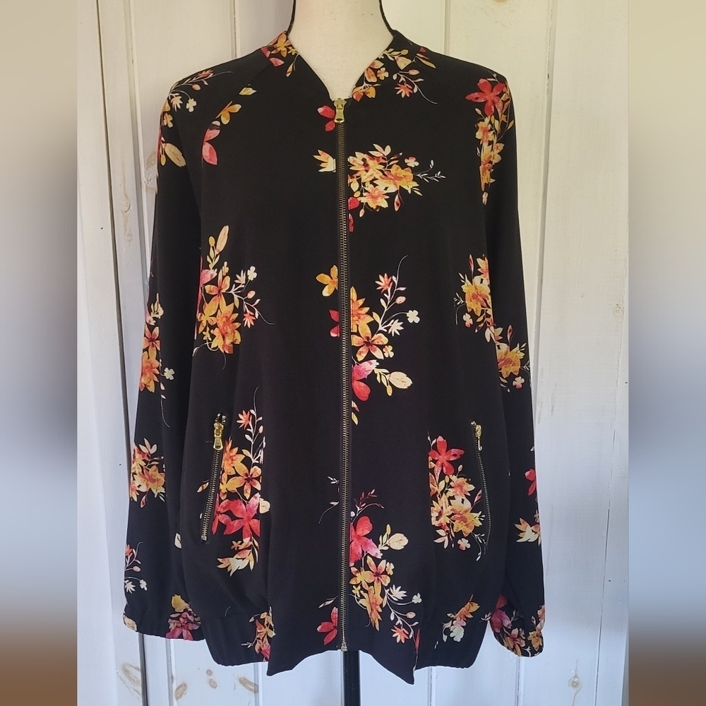 Ava & Viv Black Floral Full Gold Plated Zip BomberJacket
